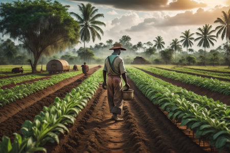 Farmer walking on the field of tobacco plant in the morning.の素材