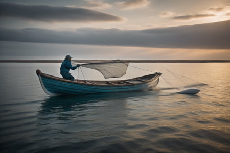 Fisherman in a boat on the sea at sunset. Selective focus.の素材