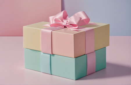 Colorful gift boxes with pink and green ribbons on pastel backgroundの素材
