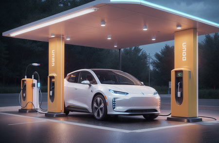 Electric car charging at a gas station. 3D Rendering.の素材