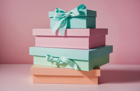 Stack of colorful gift boxes with ribbon and bow on pink background.の素材