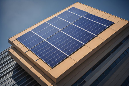 Solar panels on the roof of a modern office building. Photovoltaic modules.の素材