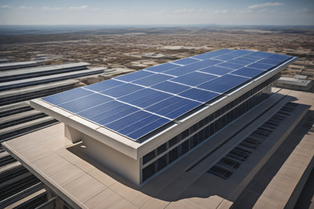 Solar panels on the roof of a modern building. 3d renderの素材