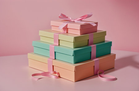 Stack of colorful gift boxes with ribbon on pink background. Minimal styleの素材