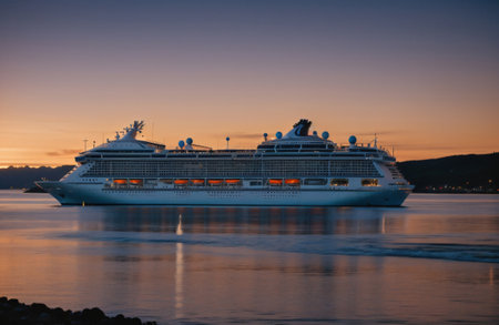 Cruise ship in the sea at sunset. Travel and tourism.の素材