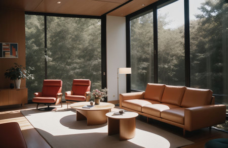 Interior of a modern living room with brown leather sofasの素材