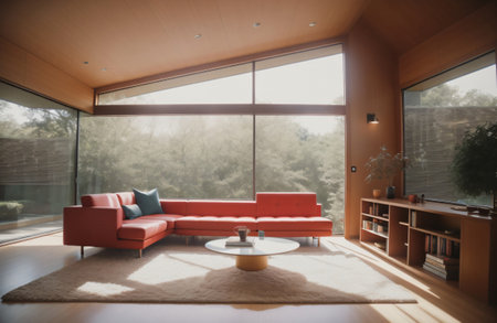 Interior of a modern living room with red sofa and coffee tableの素材