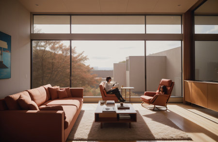Woman Relaxing On Sofa In Luxury Apartment And Reading Bookの素材