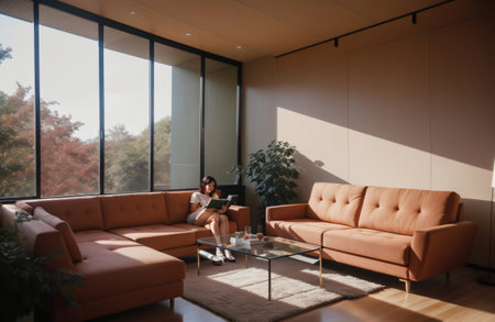 Young woman reading a book while sitting in the living room at homeの素材