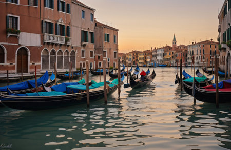 Gondolas on the Grand Canal at sunset, Venice, Italyの素材