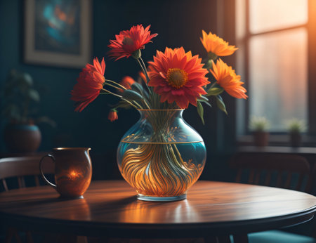 Flowers in a vase on the table in the room.の素材