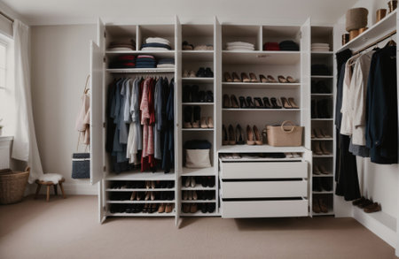 Wardrobe with stylish clothes and shoes in room, space for textの素材