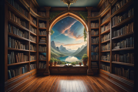 Bookshelf in the library with a view of the mountains.の素材