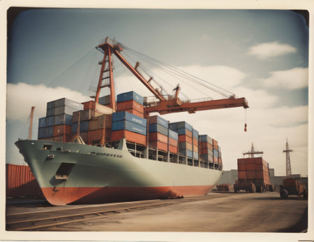 Container Cargo freight ship with working crane bridge for Logistic Import Export backgroundの素材