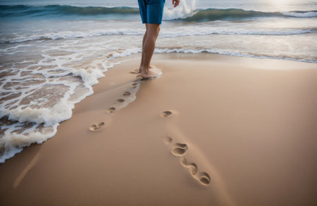 Man walking on the beach with footprints in the sand and wave.の素材