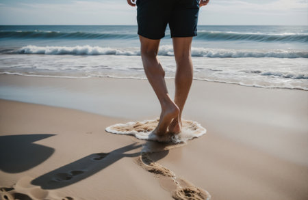Low section of man walking on sandy beach with footprints in the sandの素材