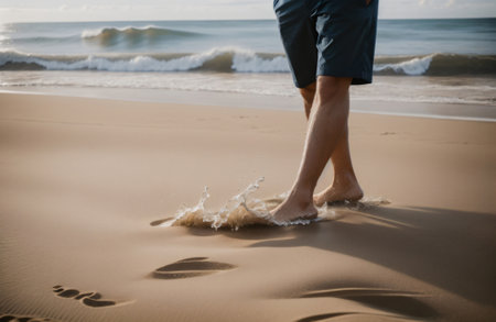 Man walking barefoot on the beach with footprints in the sand.の素材