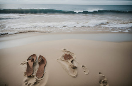 Pair of slippers on the beach with the sea in the backgroundの素材