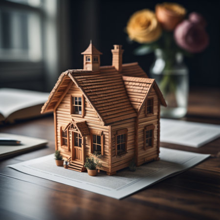 Wooden house model and book on wooden table. Real estate concept.の素材