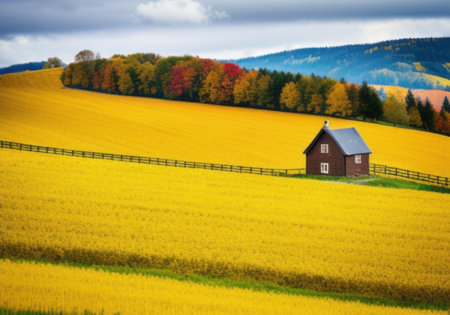 Autumn rural landscape with a house in the middle of a yellow fieldの素材