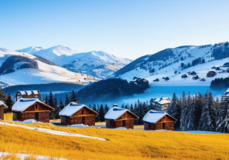 Beautiful alpine winter landscape with wooden houses and snow covered mountainsの素材