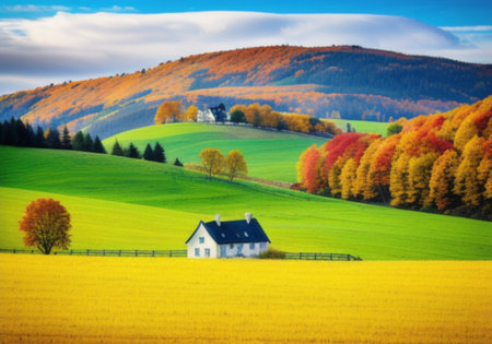 Beautiful autumn landscape with house in the middle of the field.の素材