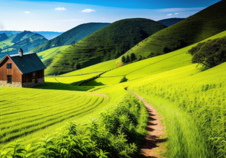 Rural landscape with green hills and blue sky. Nature composition.の素材