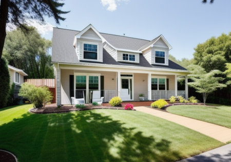 Luxury house with garden and lawn in front of the houseの素材