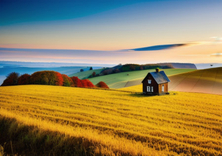 Beautiful autumn landscape with a small house in the middle of the fieldの素材