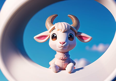 Cute toy cow in a circle on a background of blue skyの素材