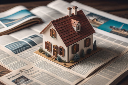 House model and books on a wooden table. Concept of buying a house.の素材