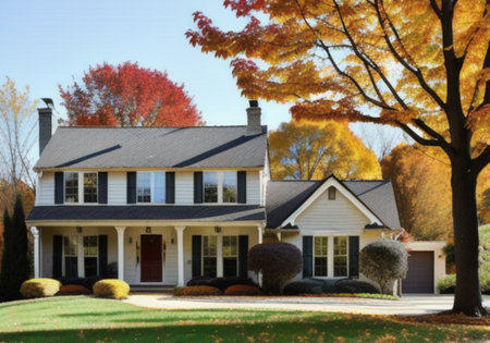 House in fall colors with maple trees in the background, USA.の素材