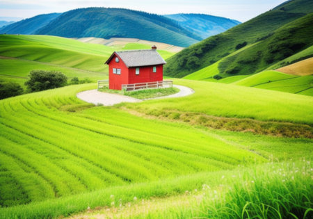Rural landscape with red barn in the middle of green fields.の素材