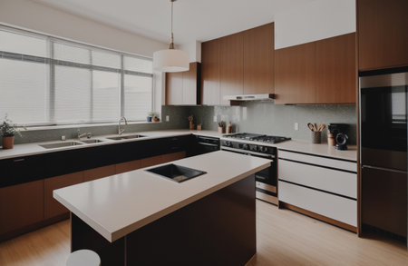 interior of modern kitchen with black and white furniture, nobody insideの素材