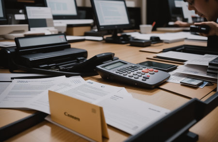 Businesswoman working at office desk with documents and calculator. Accounting and finance concept.の素材