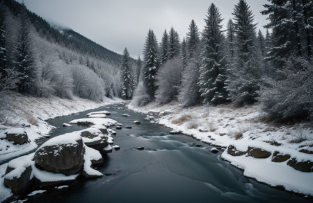 Winter landscape with a river in the Carpathian Mountains, Ukraineの素材