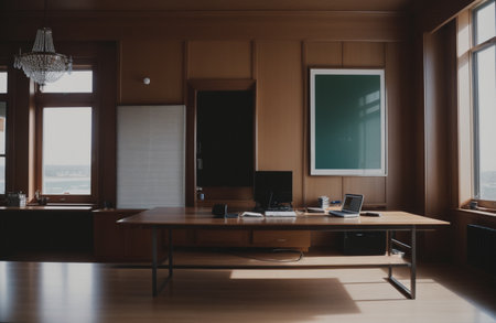 Wooden conference room interior with computers, table and chairs. Mock up, 3D Renderingの素材