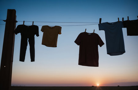 clothes drying on a clothesline against the background of the setting sunの素材