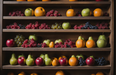 Variety of fruits in a wooden shelf in a fruit shop.の素材