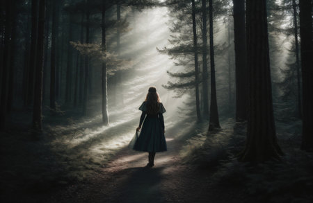 Mysterious woman in a dark forest with fog and rays of lightの素材