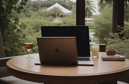 Laptop and coffee cup on the table in coffee shop, stock photoの素材