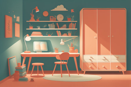 Interior of the living room with a computer, bookshelf and a shelf. Vector illustration.の素材