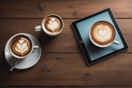 Coffee cup and tablet on wooden table, vintage tone.の素材