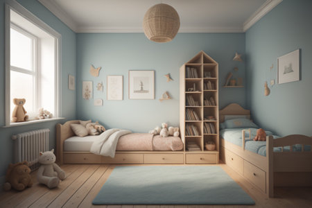 3d rendering children's room with blue walls and wooden floor.の素材