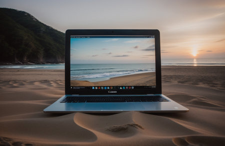 Laptop on the beach at sunset. Laptop on the beach at sunsetの素材