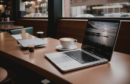 Laptop and coffee cup on table in coffee shop, stock photoの素材