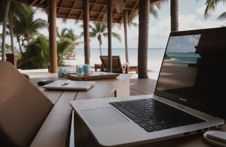 Laptop computer on the table in front of tropical beach with palm treesの素材