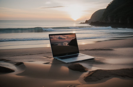 Laptop on the beach at sunset. Laptop on the beachの素材