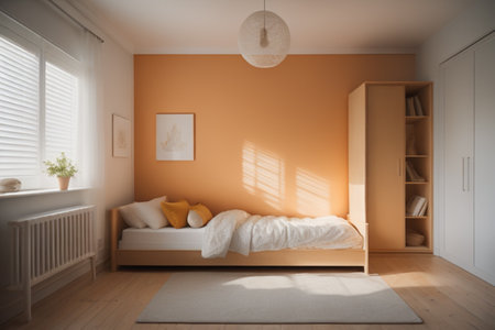 Interior of modern bedroom with orange walls and wooden floor. 3d renderの素材