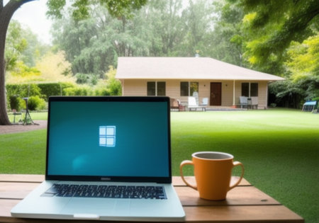 Laptop with green screen and coffee cup on wooden table in gardenの素材